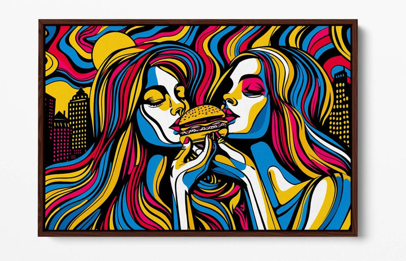 Canvas Wall Art - Contemporary Float Effect Print With Women Burger Artwork On 30mm Deep Frame