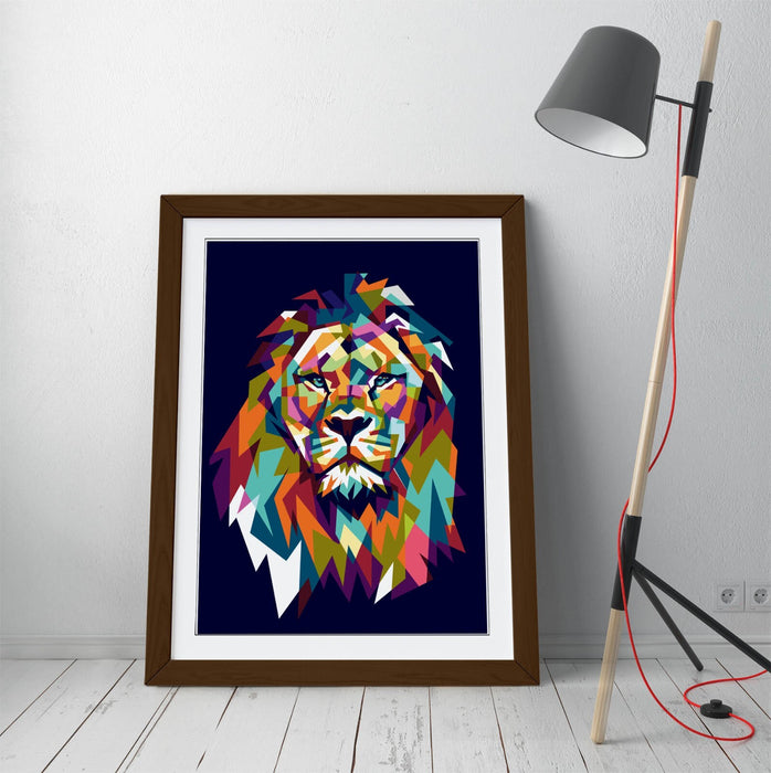 Geometric Lion Wall Art - Framed Multi Size Lion Head Print With Woodgrain Frame