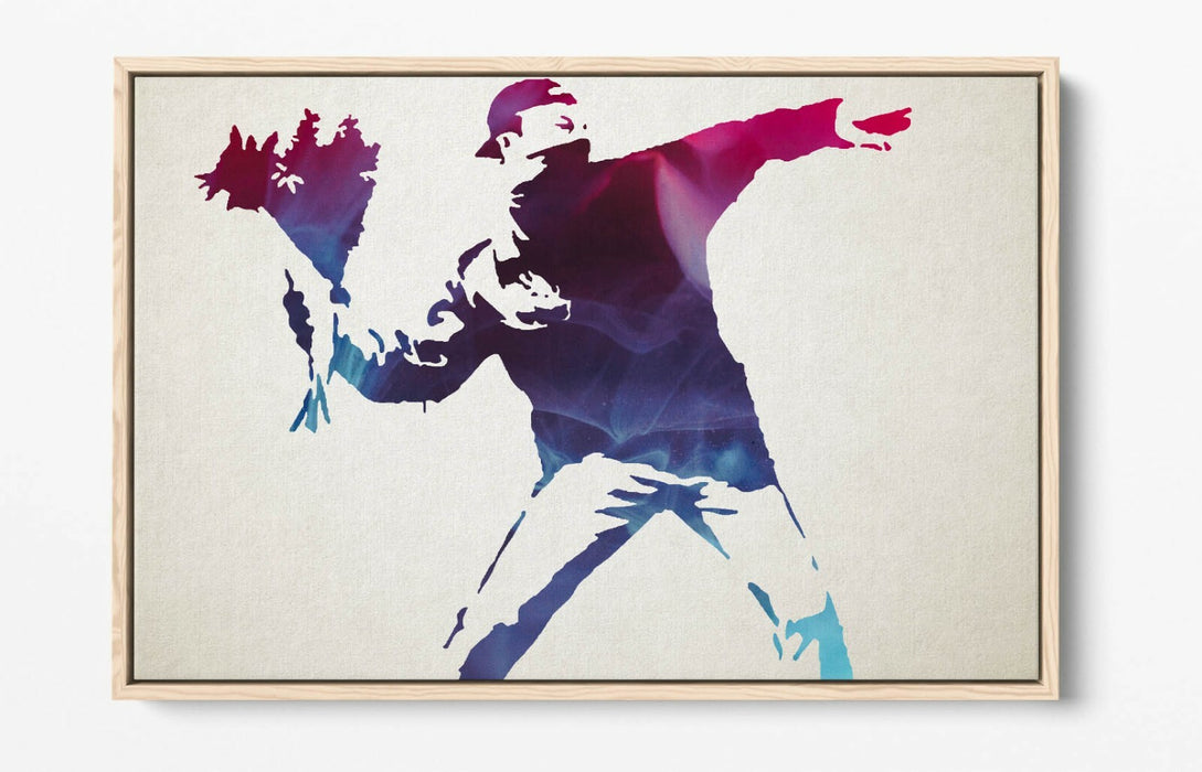 BANKSY, FLOWER THROWER PURPLE -FLOAT EFFECT CANVAS WALL ART PRINT