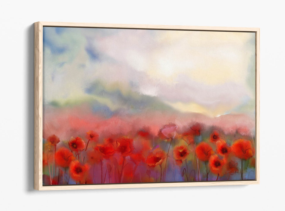 RED POPPY FLOWER FIELD BLURRED HOME DECOR FLOAT EFFECT CANVAS WALL ART PRINT