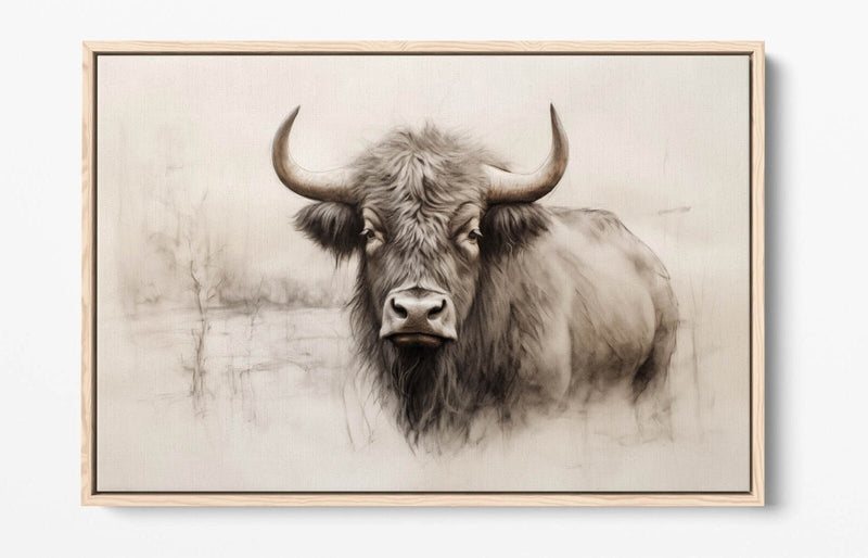 Highland Cow Canvas | Charcoal Sketch Print on Float Effect Canvas Wall Art