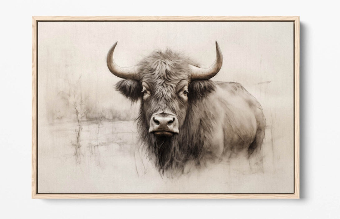 Highland Cow Canvas | Charcoal Sketch Print on Float Effect Canvas Wall Art