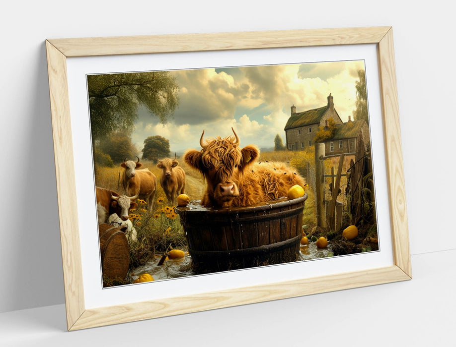 Highland Cow Wall Art – Framed Bathroom Decor Print With Woodgrain Frame