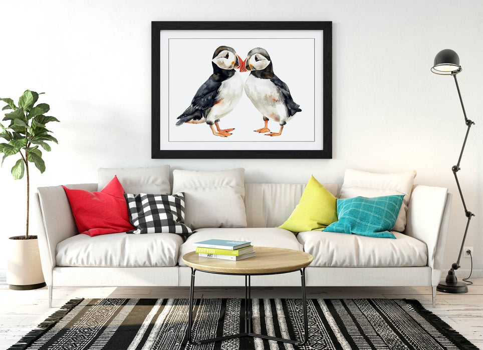 Puffins Wall Art – Framed Cute Animal Poster With Woodgrain Frame Print