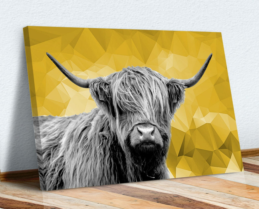Highland Cow Canvas Art – Black White Canvas Wall Art With Yellow Geo Artwork