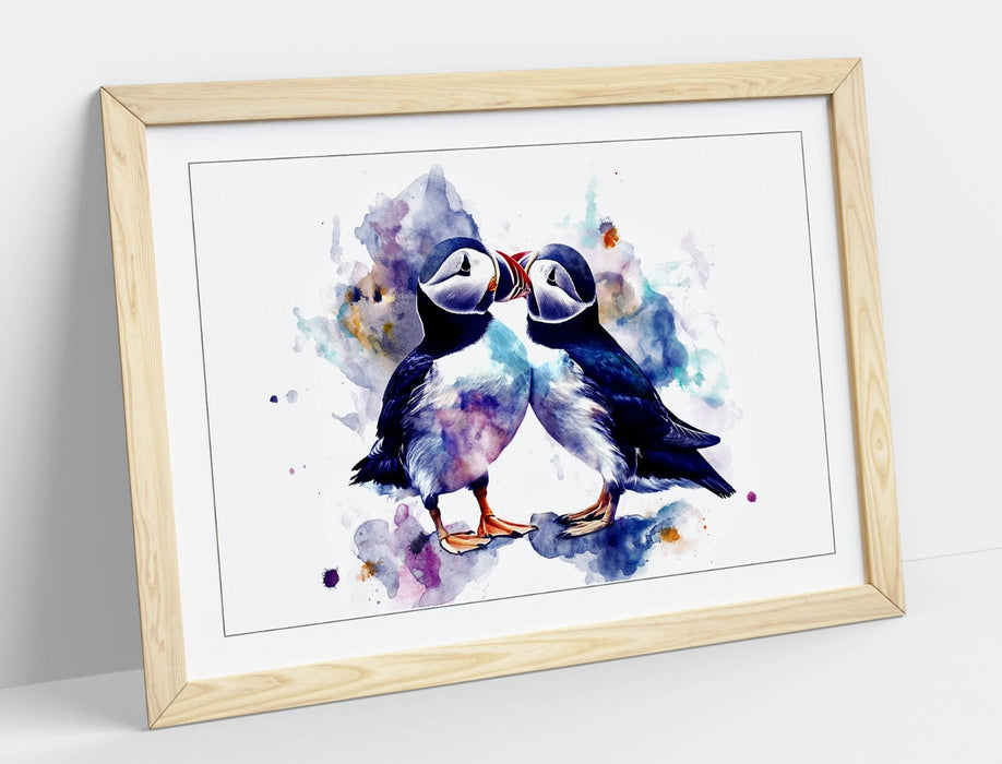 Puffins Wall Art - Framed Cute Bird Artwork With Woodgrain Frame, Ready To Hang