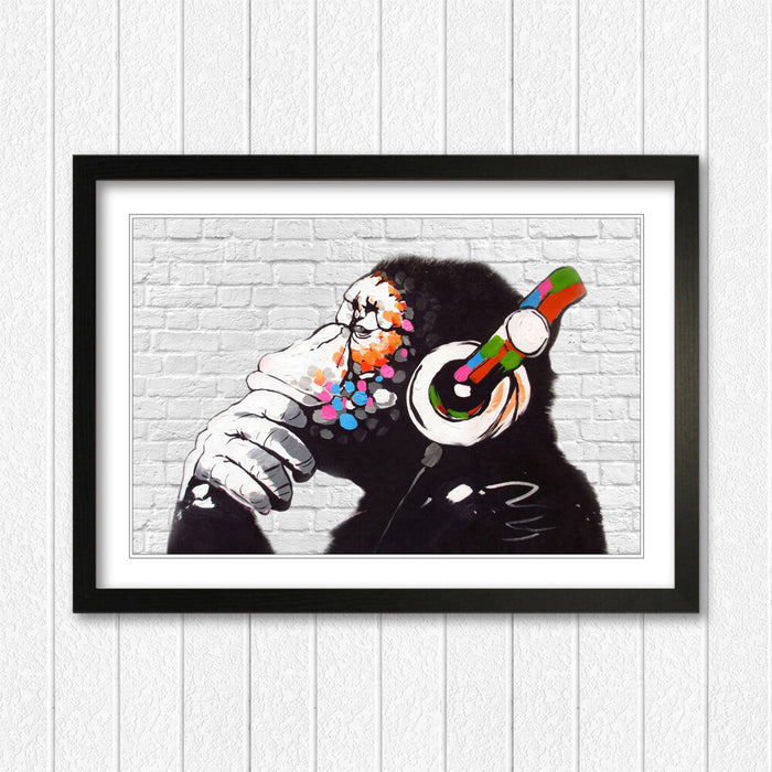 BANKSY DJ MONKEY WHITE BRICK FRAMED STREET ART POSTER PICTURE PRINT 4 SIZES