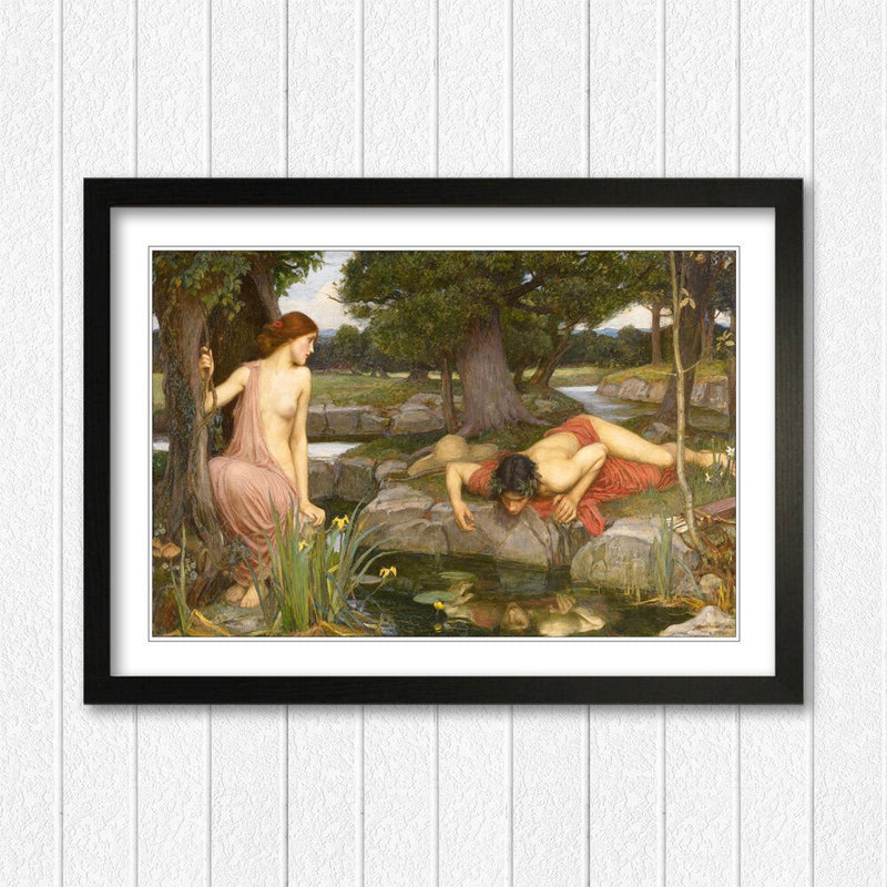 Echo Narcissus Framed Art – Waterhouse Art Print With Woodgrain Faux Frame