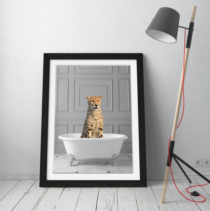 CHEETAH IN BATHTUB -QUIRKY ART FRAMED POSTER PICTURE PRINT BATHROOM ARTWORK