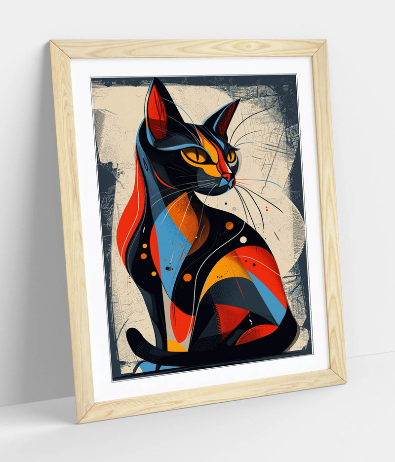 Abstract Cat Wall Art – Framed Blue Red Art, Contemporary Decor Poster Print