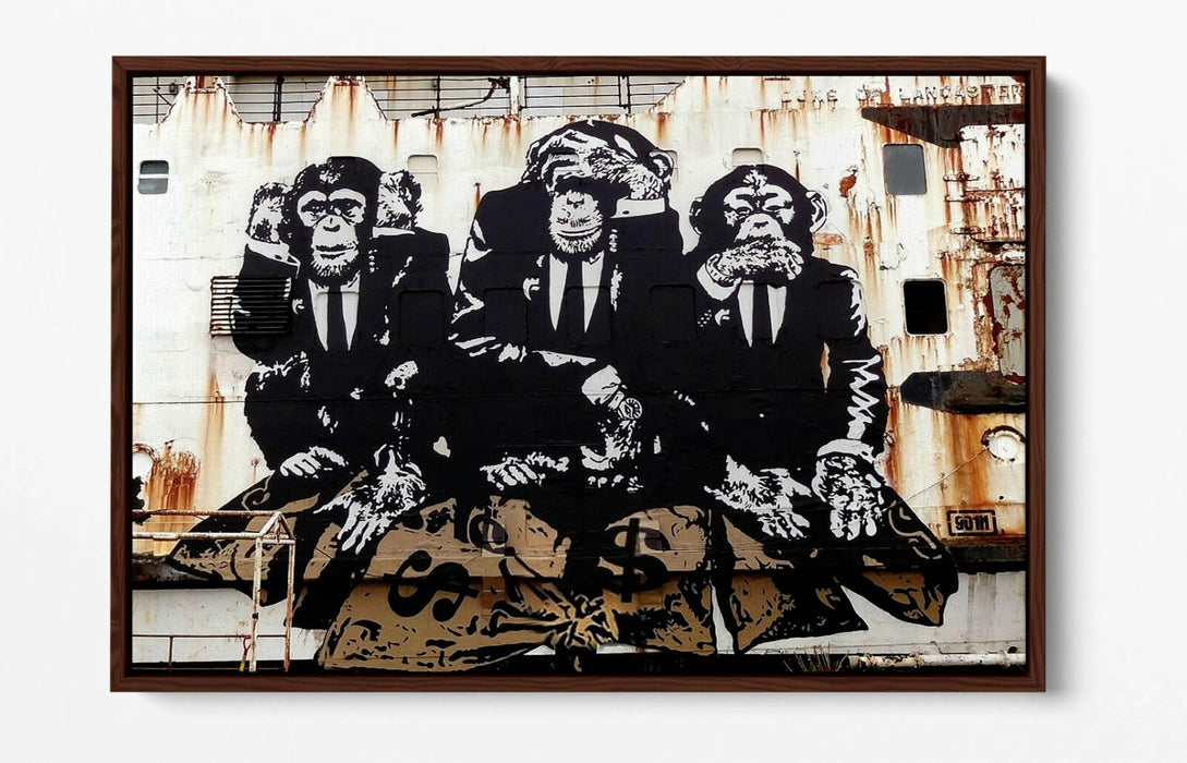 BANKSY 3 WISE MONKEYS -FLOAT EFFECT CANVAS WALL ART PIC PRINT- WHITE BEIGE