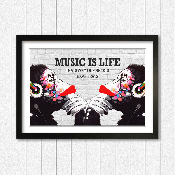 MONKEY DJ BANKSY STYLE MUSIC IS LIFE STREET  FRAMED ART PRINT ARTWORK 4 SIZES FF