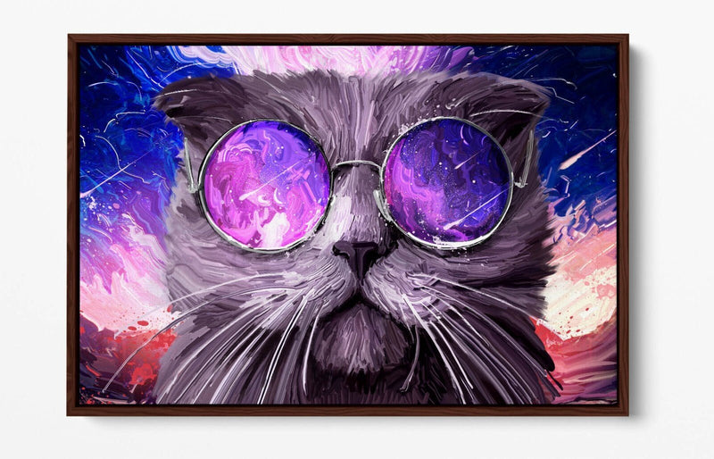 Funky Cat Sunglasses Canvas Wall Art - Galaxy Background Float Effect Print