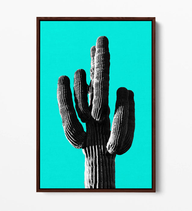 TRENDY B&W CACTUS POP ART CYAN -FLOAT EFFECT CANVAS WALL ART PRINT