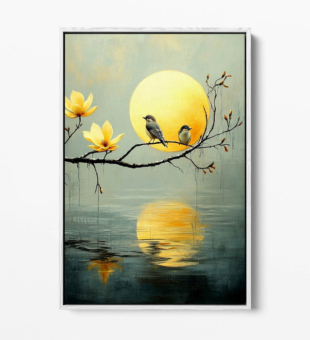 Canvas Wall Art - Perched Birds Artwork On Tree With Water Reflection | Float Effect
