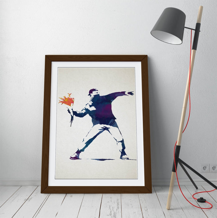 BANKSY, FLOWER BOMBER BLUE WATERCOLOUR STYLE ART -FRAMED WALL ART PICTURE PRINT