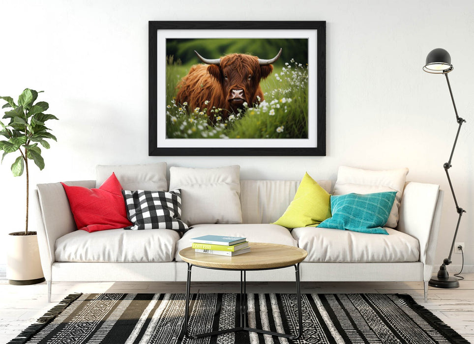 Highland Cow Wall Art – Framed Art Print With Flower Field Poster, Rustic Home Decor