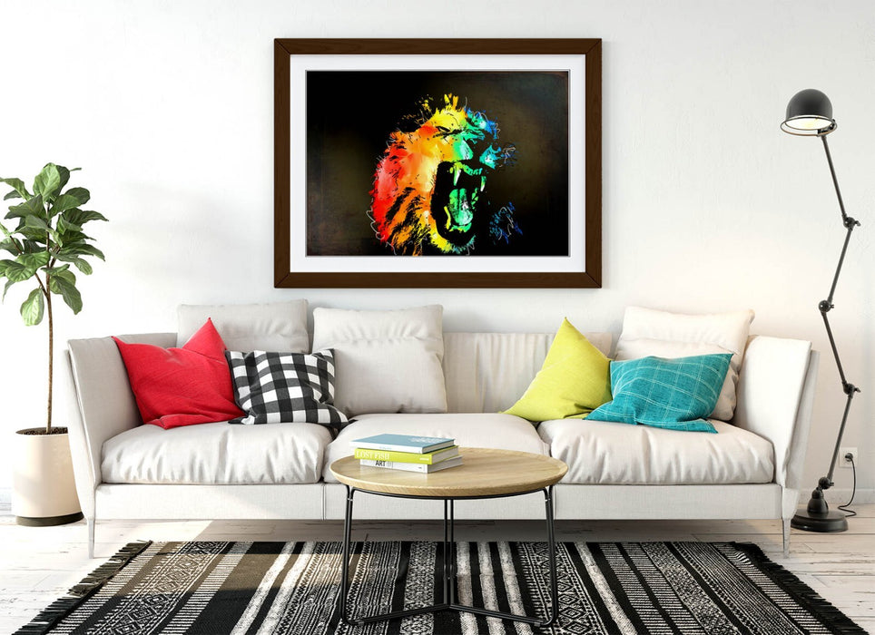 MULTI COLOUR LION SKETCH BLACK BACKGROUND -FRAMED ART POSTER PICTURE PRINT