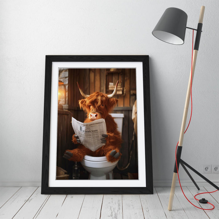 Highland Cow Wall Art – Framed Bathroom Decor Poster With Rustic Wood Frame