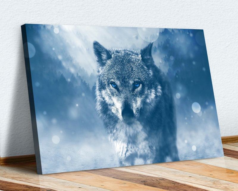 Canvas Wall Art - Lone Wolf Blue Loyalty Framed Canvas Print With Woodgrain Frame