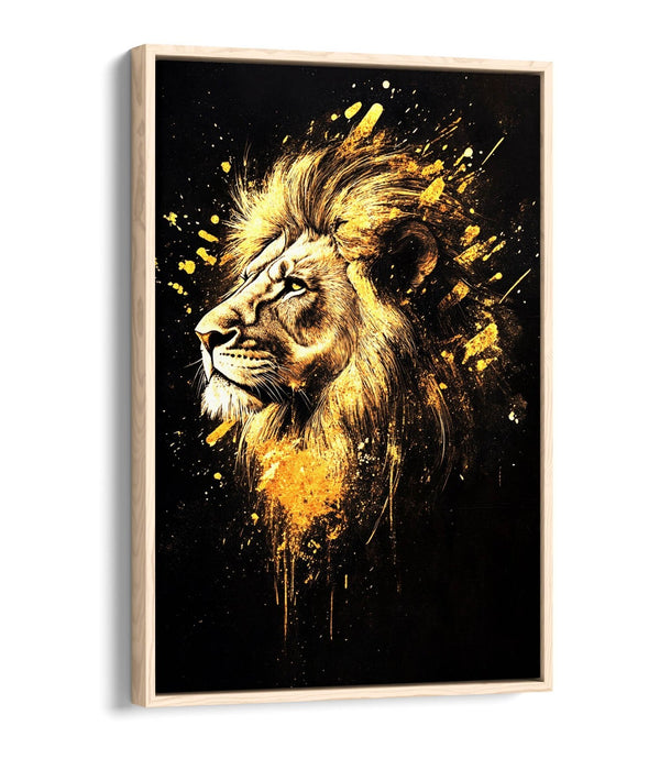 Lion Head Canvas Art – Abstract Gold Splash Painting | Float Effect Canvas Print