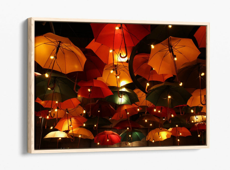 Canvas Art Print - Night Time Photography Umbrella Sky Lights | Float Effect Frame