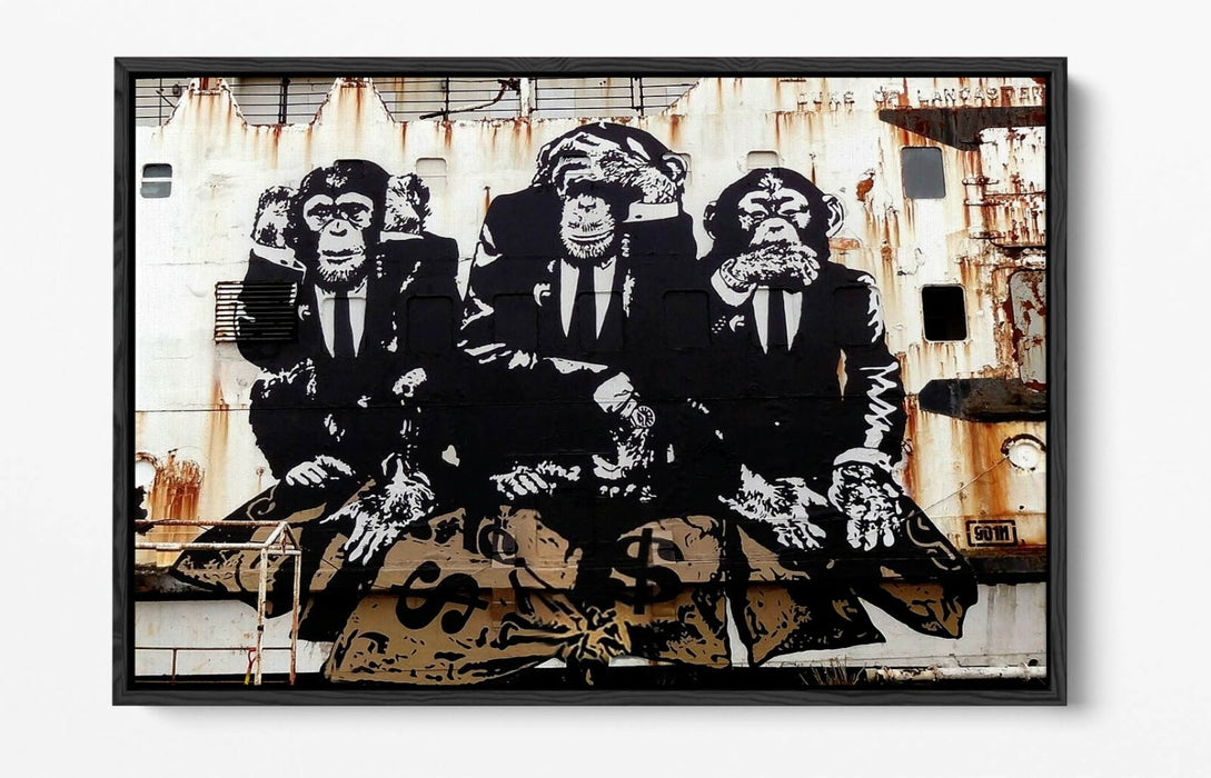 BANKSY 3 WISE MONKEYS -FLOAT EFFECT CANVAS WALL ART PIC PRINT- WHITE BEIGE