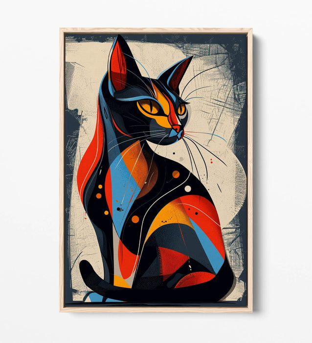Float Effect Canvas Art - Blue Red Abstract Cat Print | Premium Varnish Finish