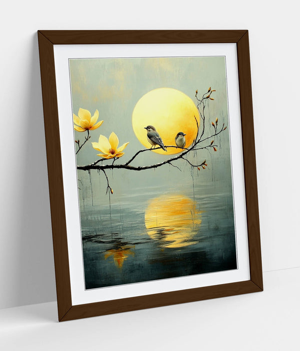 Framed Wall Art - Pretty Birds Perched on Tree Over Water Scene Artwork Print