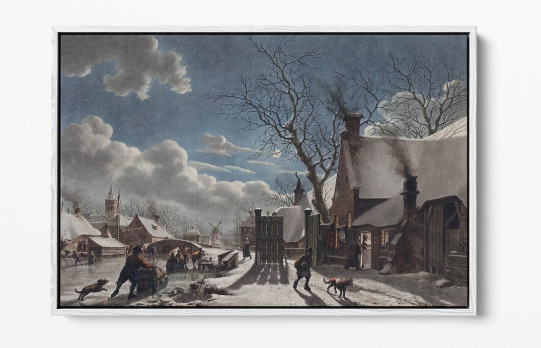 Canvas Wall Art - Winter Night Dutch Town Painting | Float Effect Canvas Print