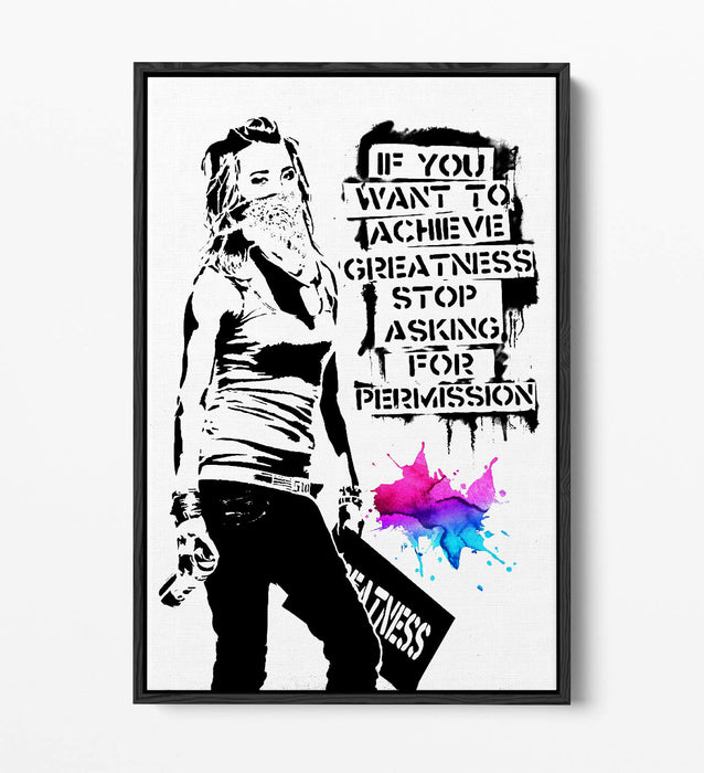 BANKSY ACHIEVE GREATNESS -FLOAT EFFECT CANVAS WALL ART PIC PRINT GRAFFITI- BLACK