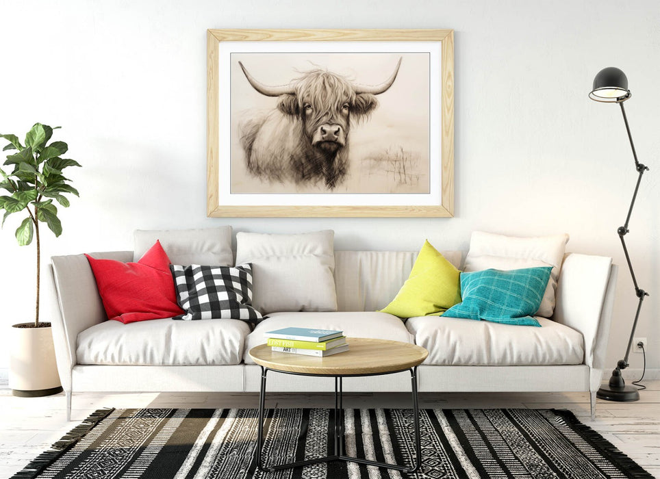 Highland Cow Wall Art – Framed Charcoal Sketch Print on Matte Paper, Handmade UK