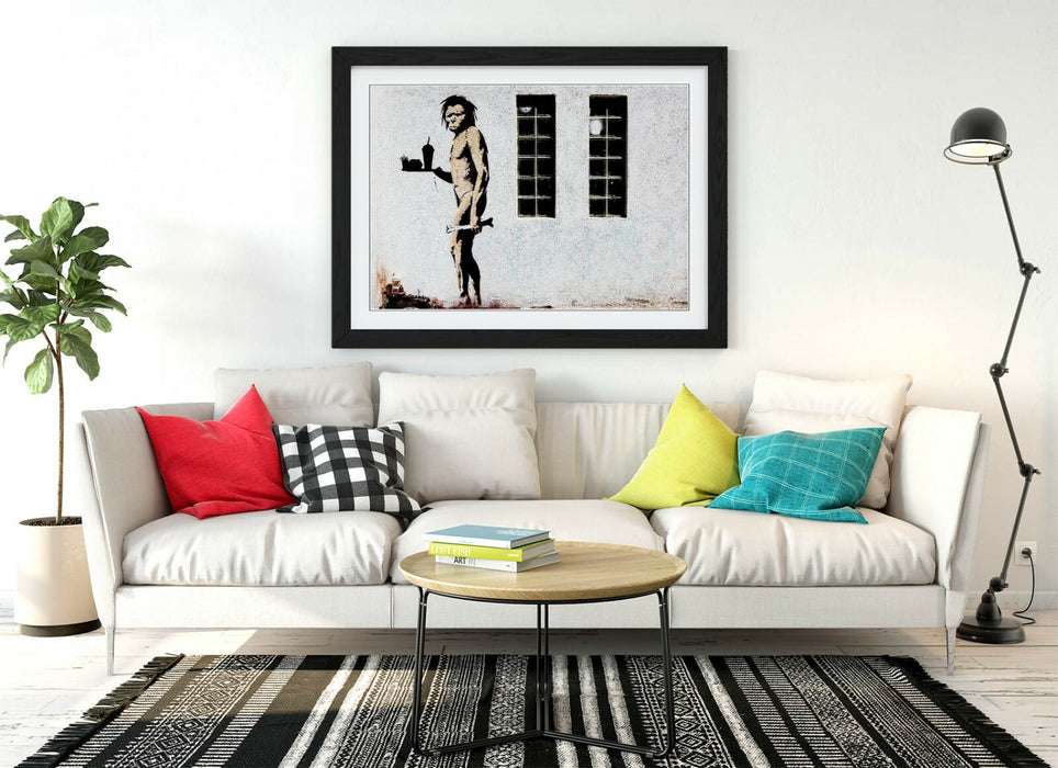 BANKSY FAST FOOD CAVEMAN -ART FRAMED POSTER PICTURE PRINT ARTWORK- GREY BLACK