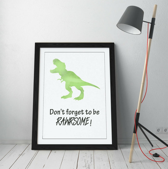 "RAWRSOME" DINOSAUR WATERCOLOR KIDS NURSERY QUOTE -FRAMED WALL ART PICTURE PRINT