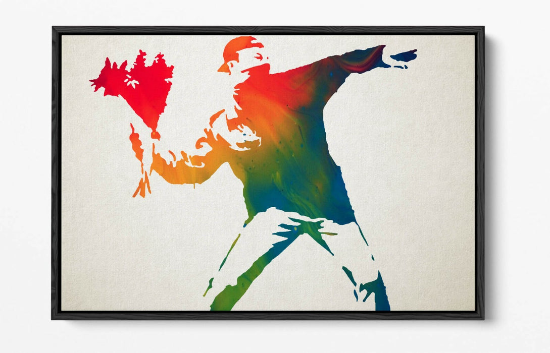 BANKSY, FLOWER THROWER RAINBOW -FLOAT EFFECT CANVAS WALL ART PRINT