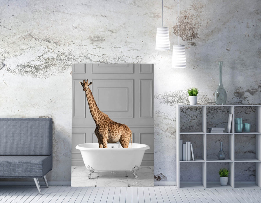 GIRAFFE IN BATHTUB -QUIRKY CANVAS WALL ART PRINT ARTWORK ANIMAL FRAMED BATHROOM