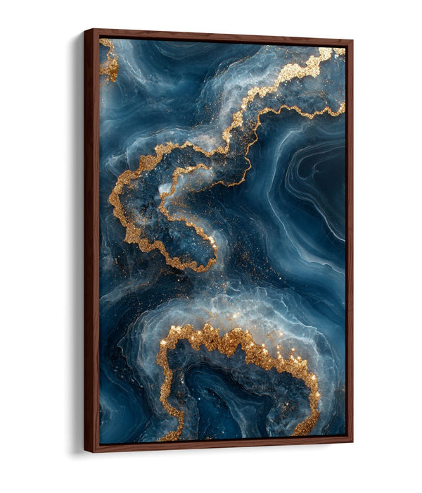 Canvas Wall Art - Gold Blue Abstract Sea Water Print With Float Effect Frame