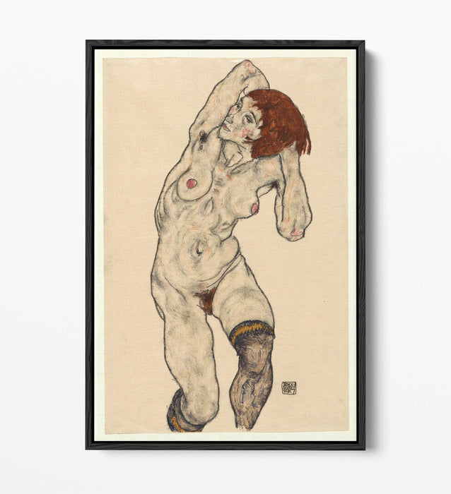 Canvas Wall Art - Egon Schiele Nude With Stockings | Float Effect Print On MDF Frame