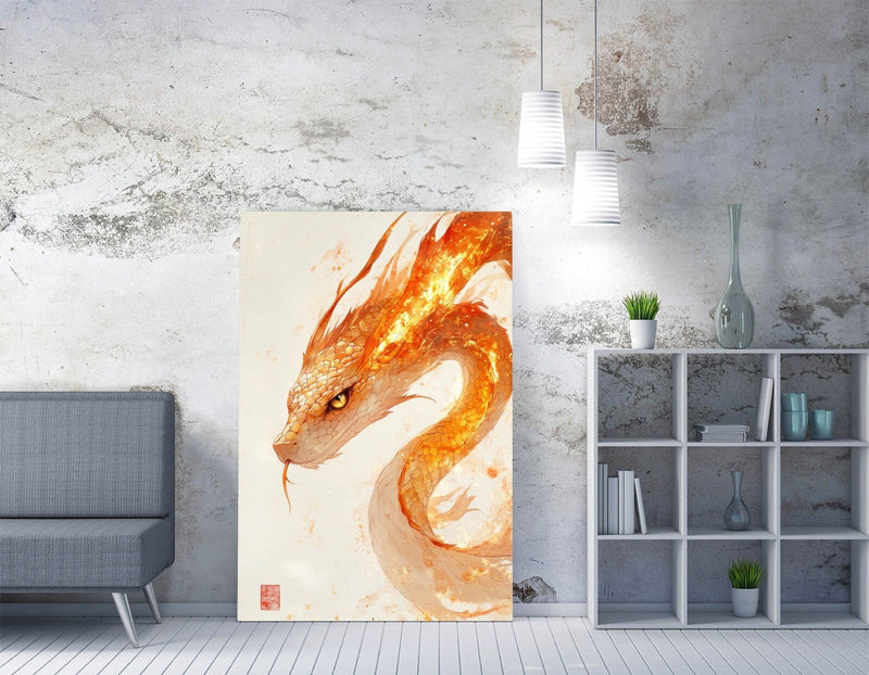 Oriental Canvas Wall Art – Fiery Snake Handmade Canvas Artwork Print Ready to Hang