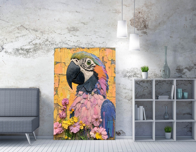 Parrot Canvas Wall Art - Colorful Bird Print With Flower Graffiti Design