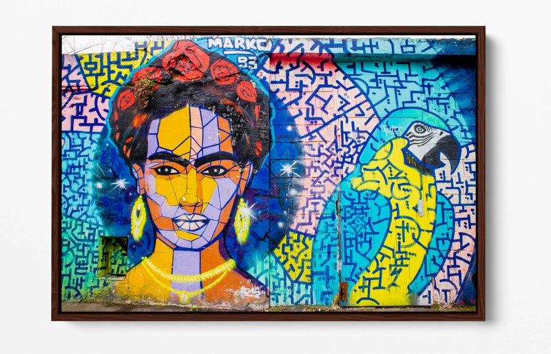Frida Kahlo Canvas Art - Colorful Parrot Graffiti Decor | Float Effect Wall Print
