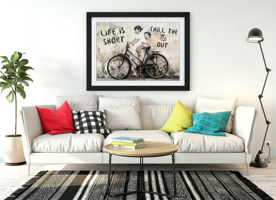LIFE IS SHORT KIDS ON BIKE -ART FRAMED POSTER PICTURE PRINT ARTWORK- BEIGE BLACK
