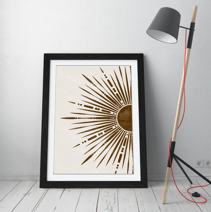 Boho Sun Wall Art – Bronze Boho Illustration Framed Art Print for Home Decor