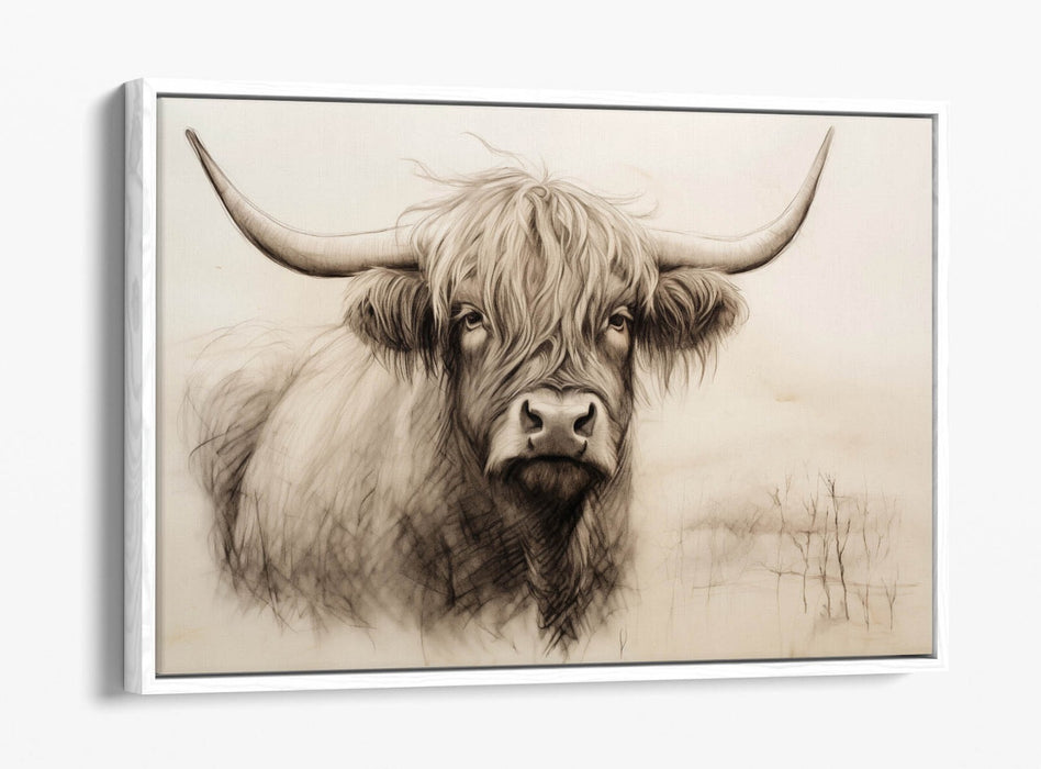 Highland Cow Canvas - Charcoal Sketch Print | Float Effect Wall Art With Premium Varnish