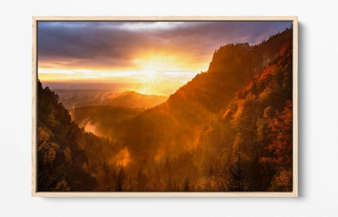 Canvas Wall Art - Mountain Forest Sunset Float Effect Print | Handmade Vibrant Decor