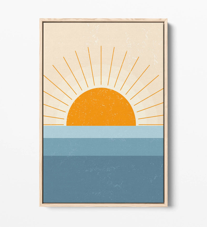 Canvas Wall Art - Orange Sunset Print Over Blue Sea | Float Effect Minimalist Decor