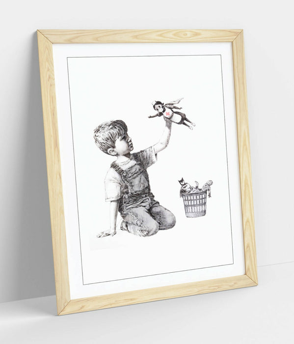 BANKSY SUPER HERO NURSE -ART FRAMED POSTER PICTURE PRINT ARTWORK- GREY