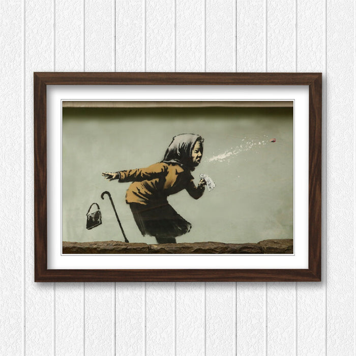 Banksy Framed Poster – Handmade Urban Street Art Print with Woodgrain Frame