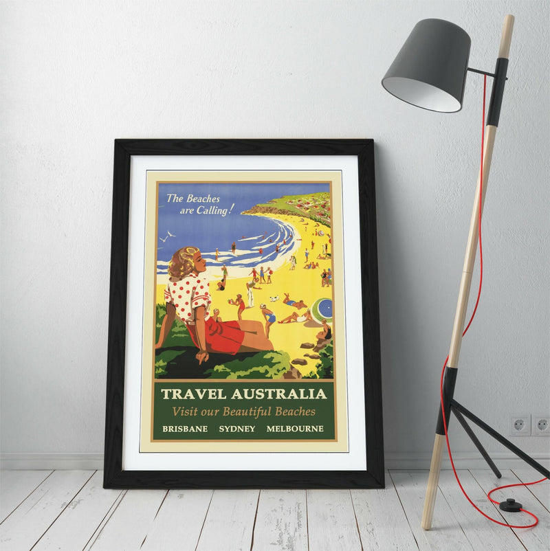 Vintage Travel Poster – Australia Travel Art Framed Picture Print | Blue Green Wall Decor