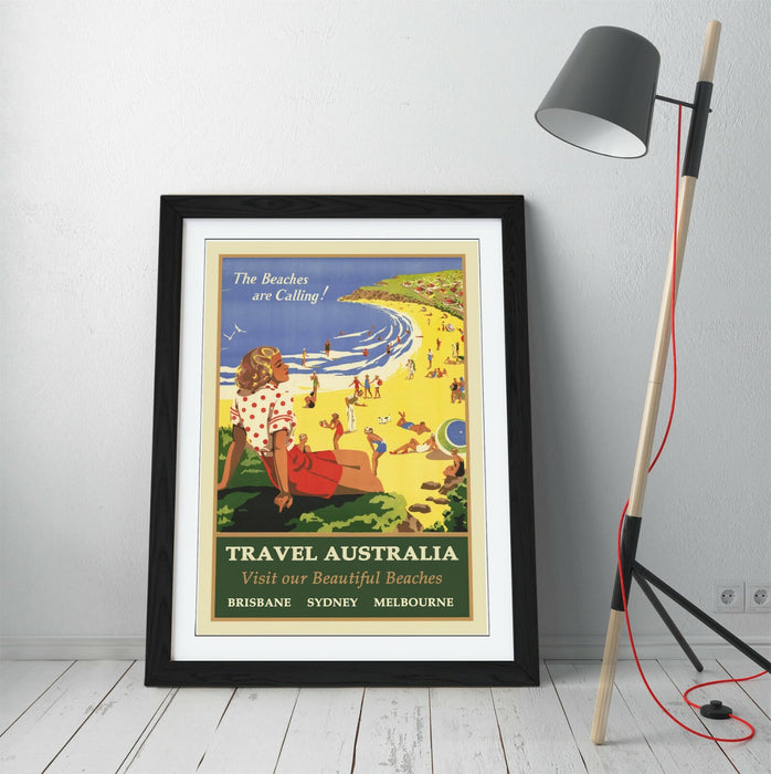 VINTAGE RETRO AUSTRALIA TRAVEL POSTER -FRAMED WALL ART PICTURE PRINT- BLUE GREEN